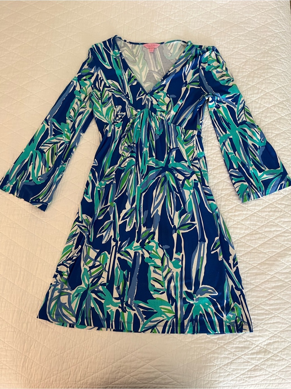 Lilly Pulitzer Navy & Teal Leaf-Print V-Neck Dress